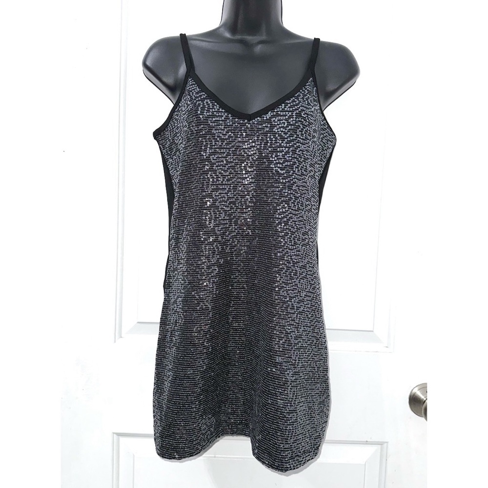 Vanity black sequined camisole tank top, v-neckline & adjustable spaghetti strap